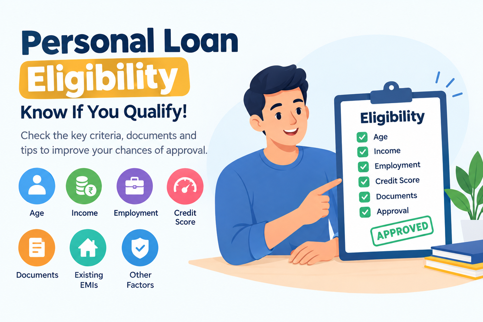 Personal loan eligibility infographic showing key criteria such as age, income, employment, credit score, documents, existing EMIs, and other factors, with an approval checklist.